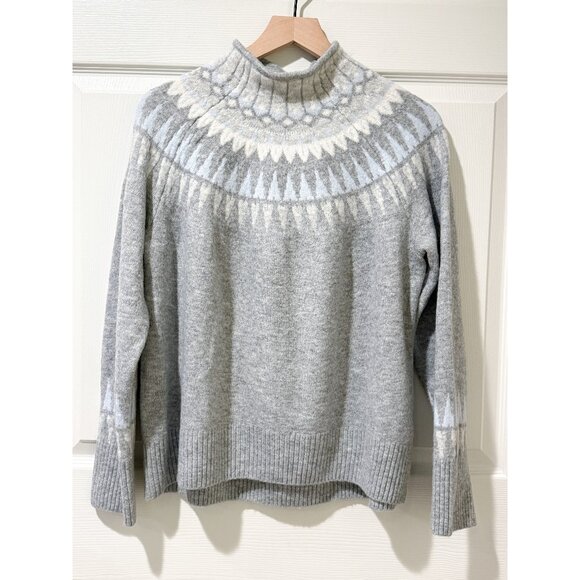 CeCe Fair Isle Funnel Neck Sweater Gray Blue White Diamond Cottage Nordic Cozy L - Picture 1 of 8